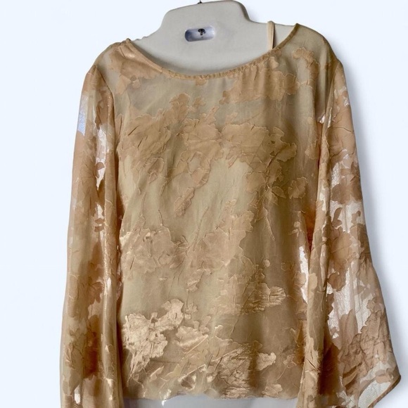 Alfani Tan and Cream Sheer Blouse with Round Neckline and Bell sleeves S - Picture 1 of 3